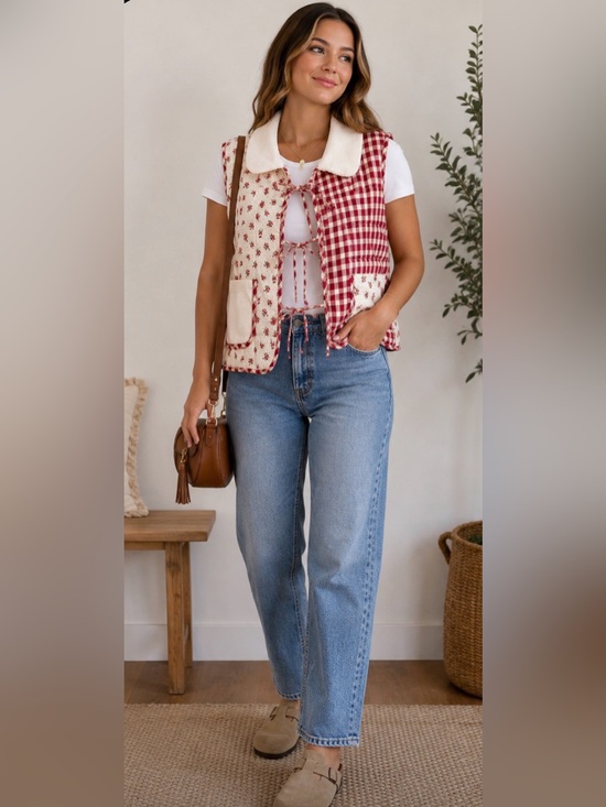 Cider Jackets & Blazers - Floral & Gingham Red Quilted Vest with Cream Collar